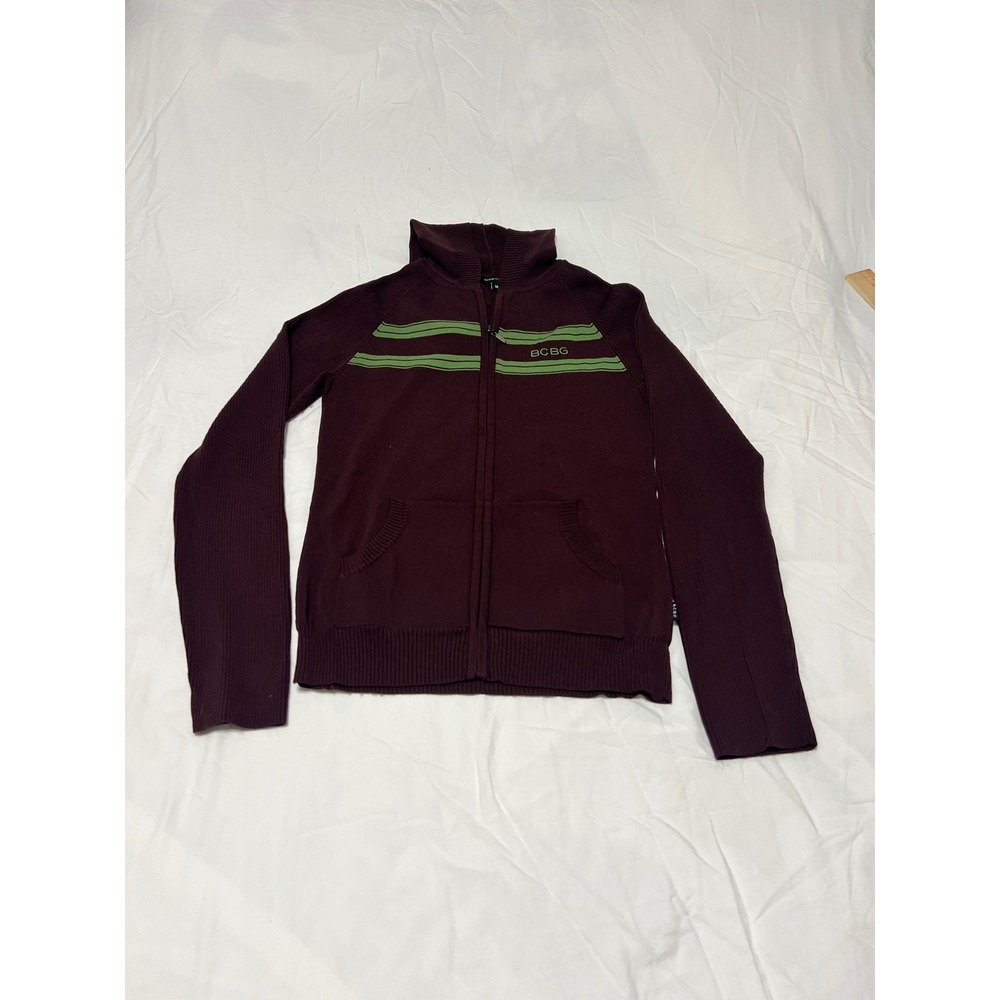 BCBGMAXAZRIA Womens M Burgundy Ribbed Knit Zip Up Hoodie Green Stripe SBG04688